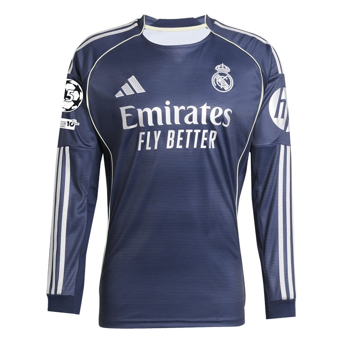 adidas Real Madrid Huijsen Long Sleeve Away Jersey w/ Champions League Patches 25/26 (Legend Ink) | SoccerWearhouse