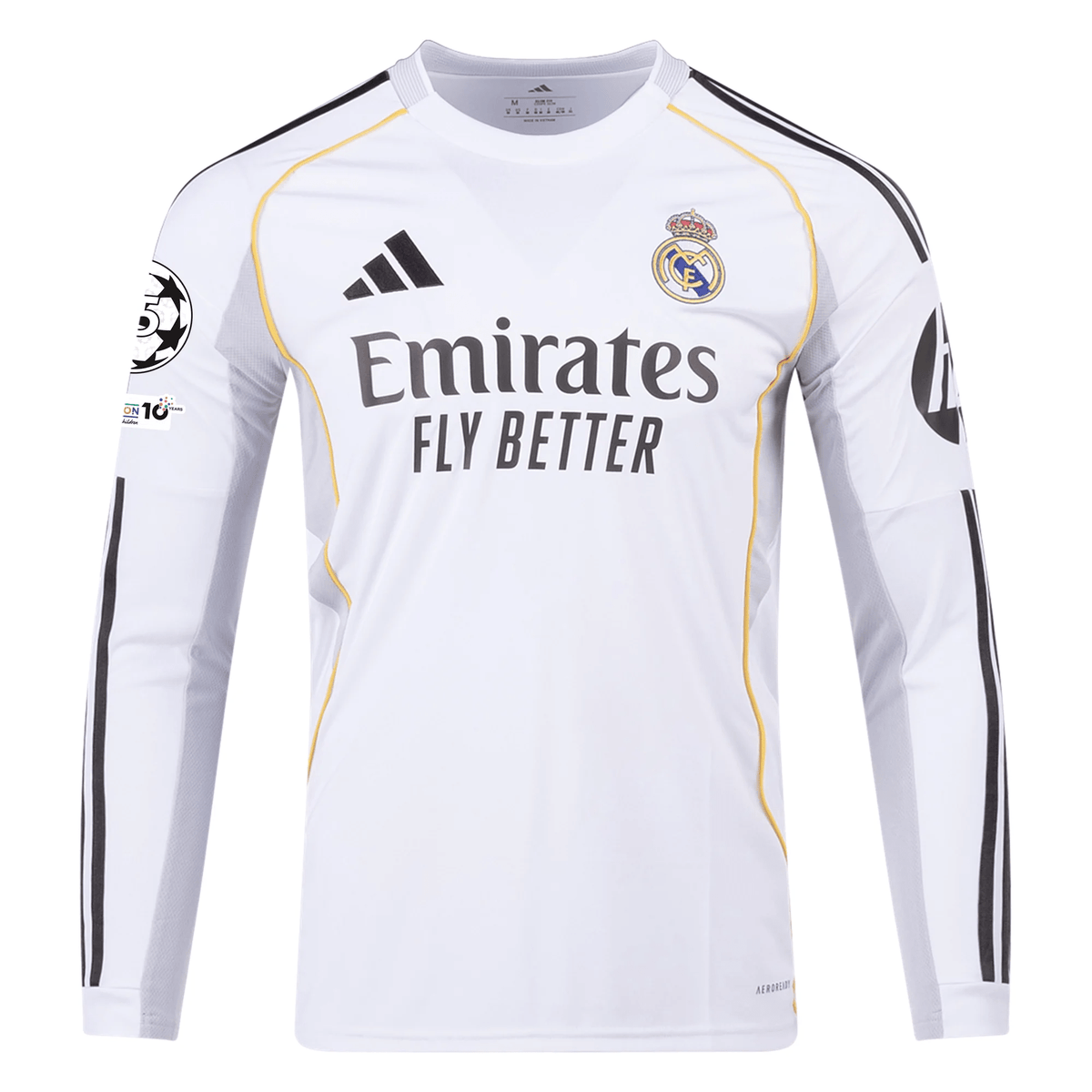 adidas Real Madrid Huijsen Long Sleeve Home Jersey w/ Champions League Patches 25/26 (White) | SoccerWearhouse