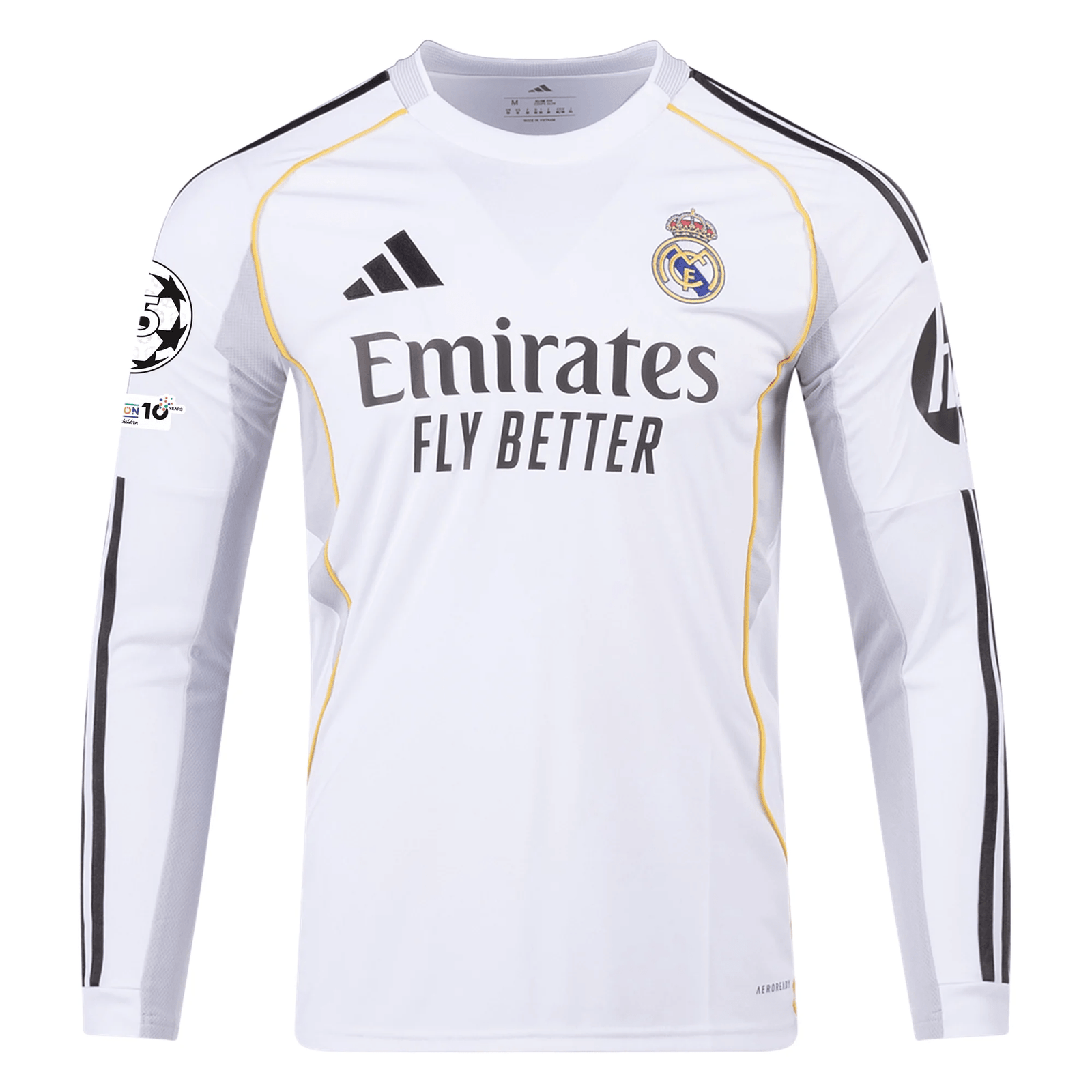 adidas Real Madrid Huijsen Long Sleeve Home Jersey w/ Champions League Patches 25/26 (White) | SoccerWearhouse