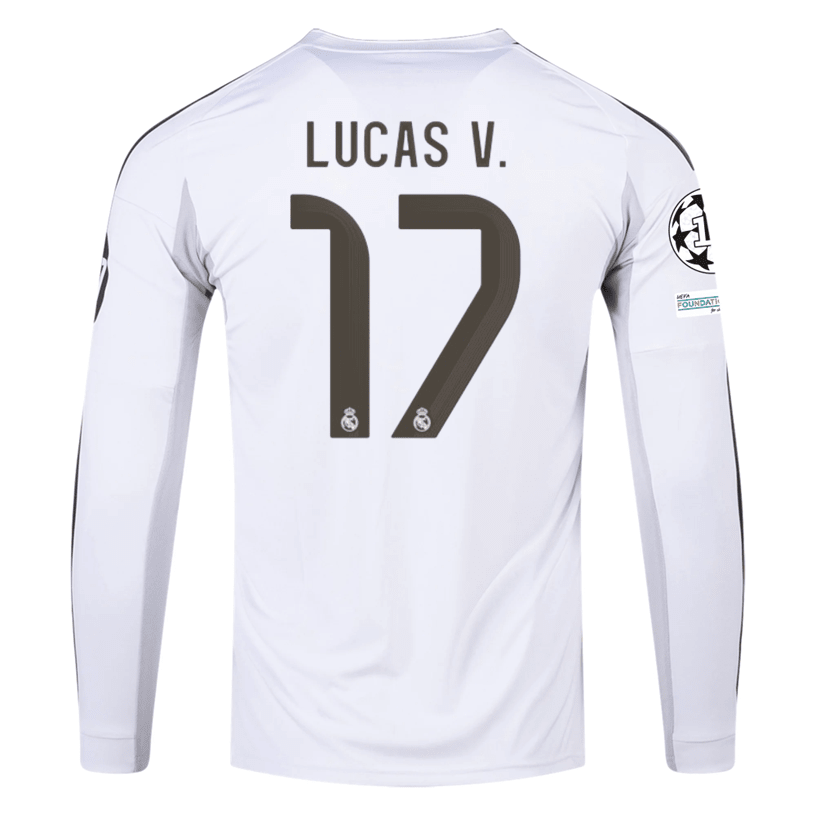 adidas Real Madrid Lucas V. Long Sleeve Home Jersey w/ Intercontinental + Champions League Patches 25/26 (White) | SoccerWearhouse