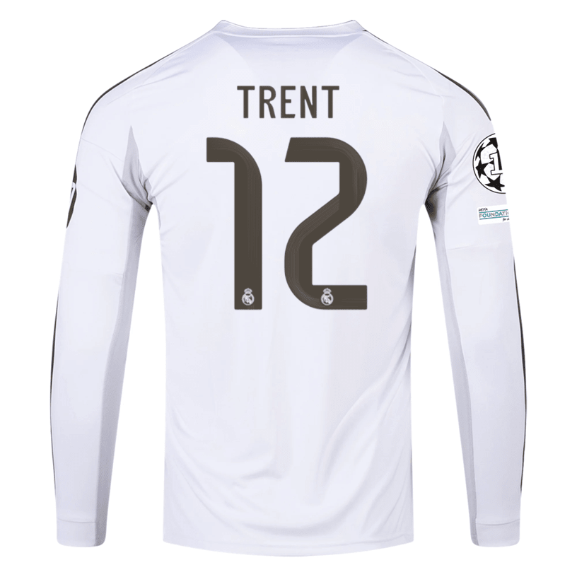 adidas Real Madrid Trent Long Sleeve Home Jersey w/ Intercontinental + Champions League Patches 25/26 (White) | SoccerWearhouse