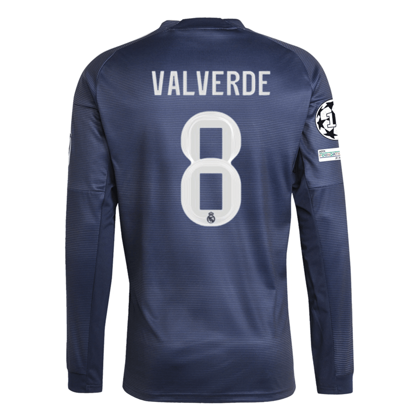 adidas Real Madrid Valverde Long Sleeve Away Jersey w/ Champions League Patches 25/26 (Legend Ink) | SoccerWearhouse