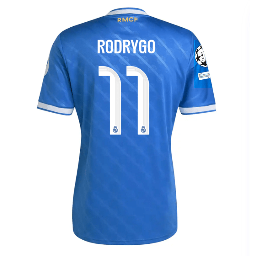 adidas Rodrygo Men's Real Madrid Third Jersey 25/26 w/ Champions League Patches (Blue/White) | SoccerWearhouse