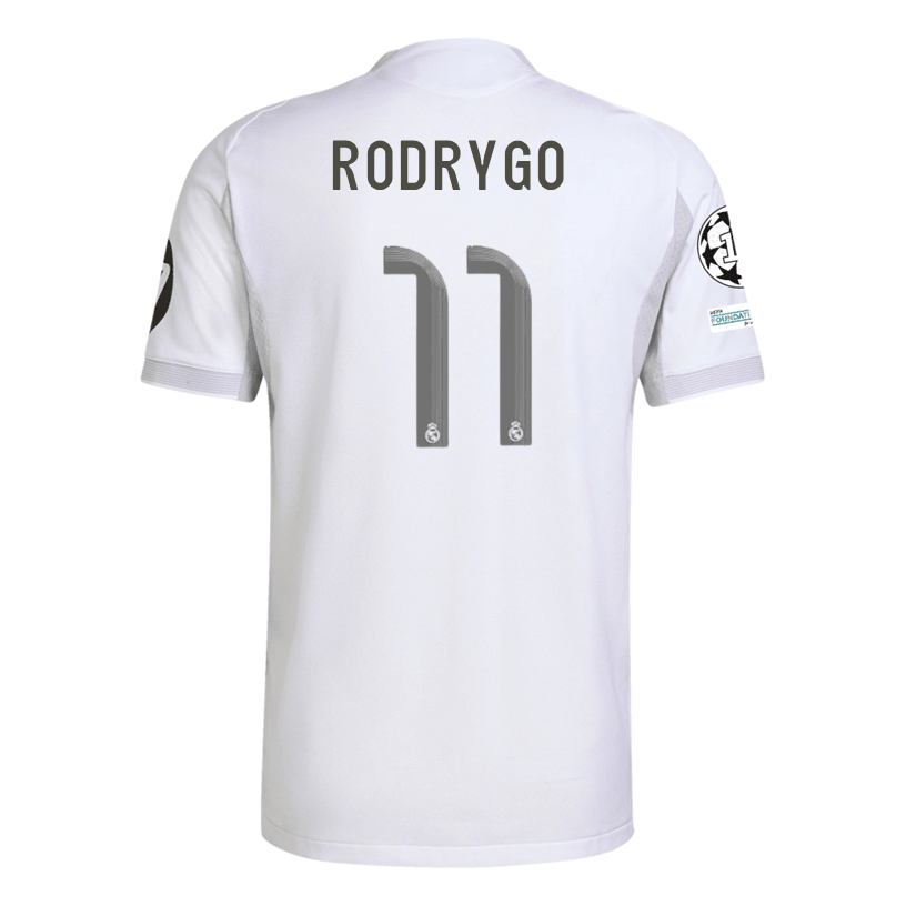 adidas Rodrygo Real Madrid 25/26 Home Jersey w/ Champions League Patches (White) | SoccerWearhouse