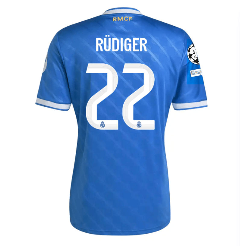 adidas Rudiger Men's Real Madrid Third Jersey 25/26 w/ Champions League Patches (Blue/White) | SoccerWearhouse