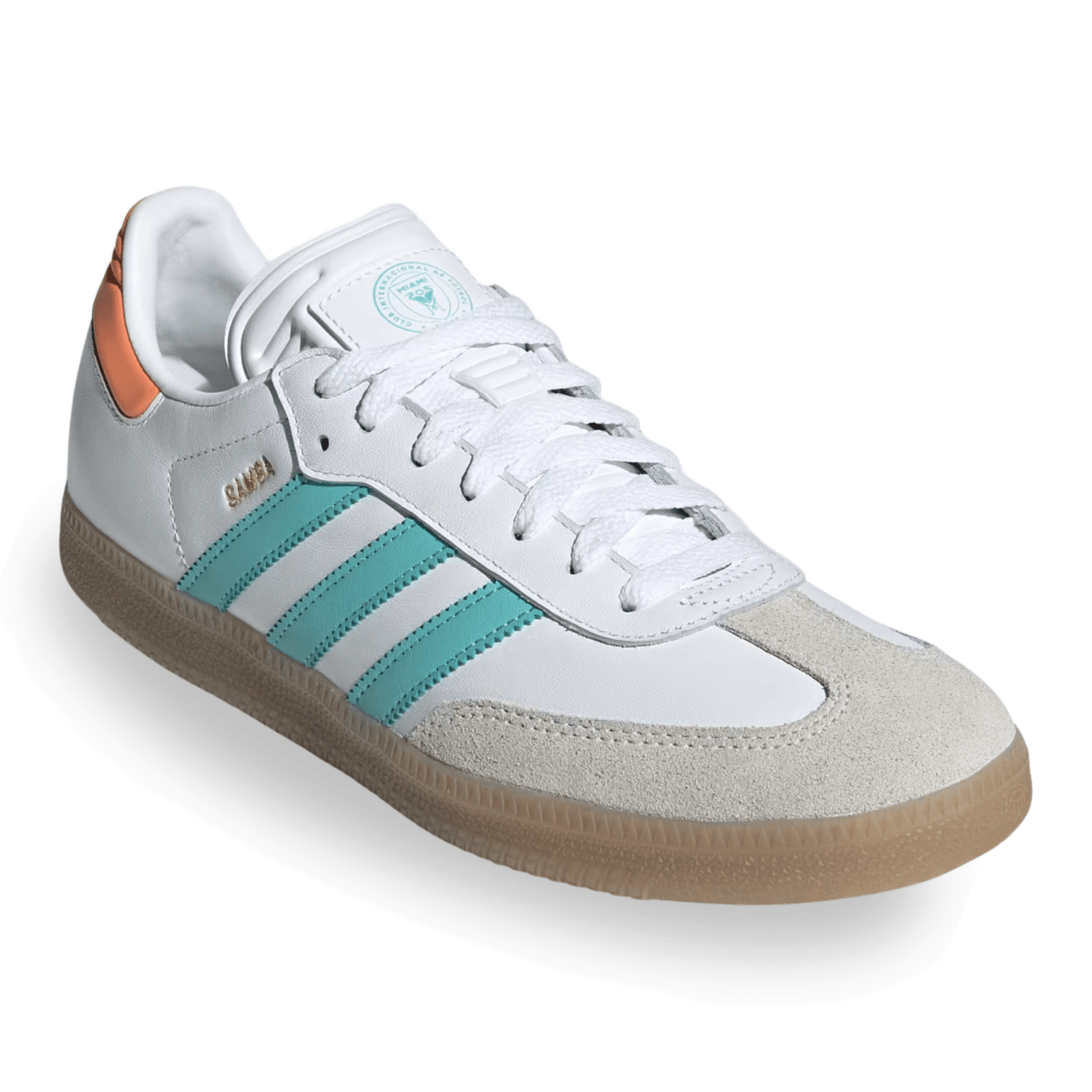 adidas Samba Inter Miami Indoor Soccer Shoes (White/Mint/Gum) | SoccerWearhouse