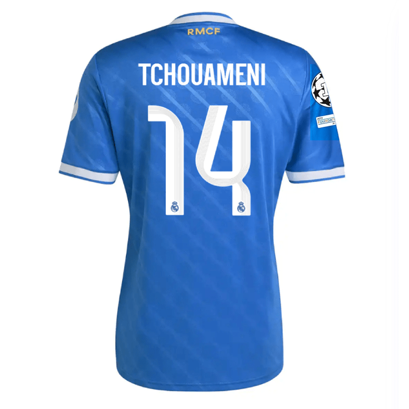 adidas Tchouameni Men's Real Madrid Third Jersey 25/26 w/ Champions League Patches (Blue/White) | SoccerWearhouse