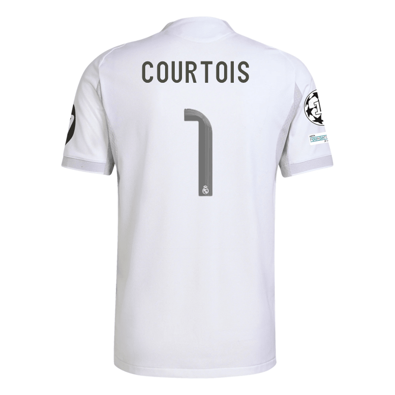 adidas Thibaut Courtois Real Madrid 25/26 Home Jersey w/ Champions League Patches (White) | SoccerWearhouse