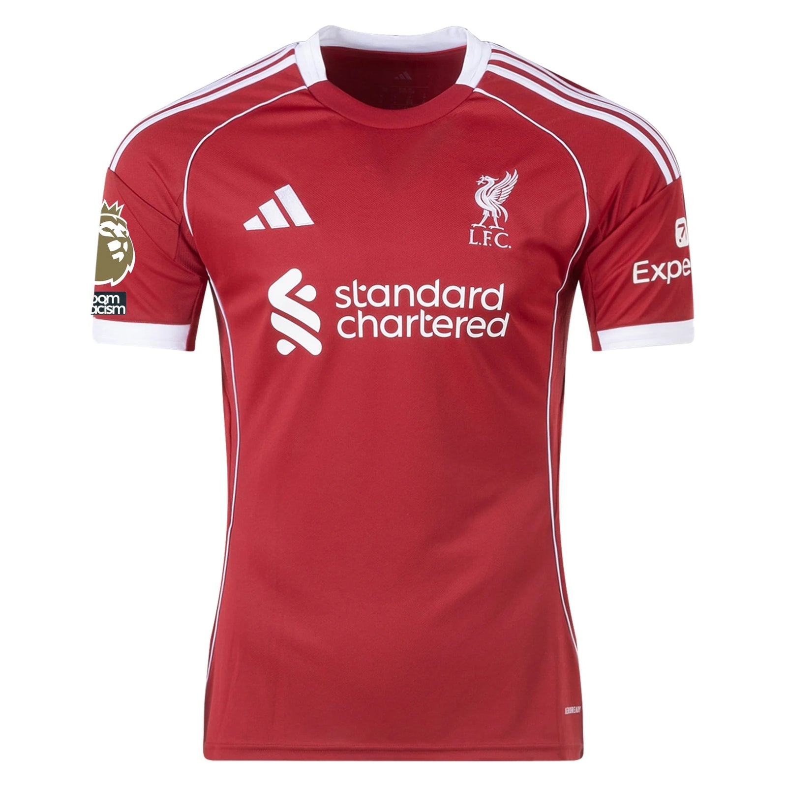 adidas Tsimikas Men's Liverpool Home Jersey 25/26 w/ NRFR + EPL Champions Patch (Strawberry Red) | SoccerWearhouse