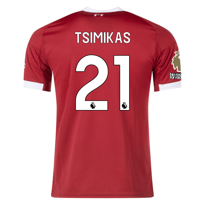 adidas Tsimikas Men's Liverpool Home Jersey 25/26 w/ NRFR + EPL Champions Patch (Strawberry Red) | SoccerWearhouse