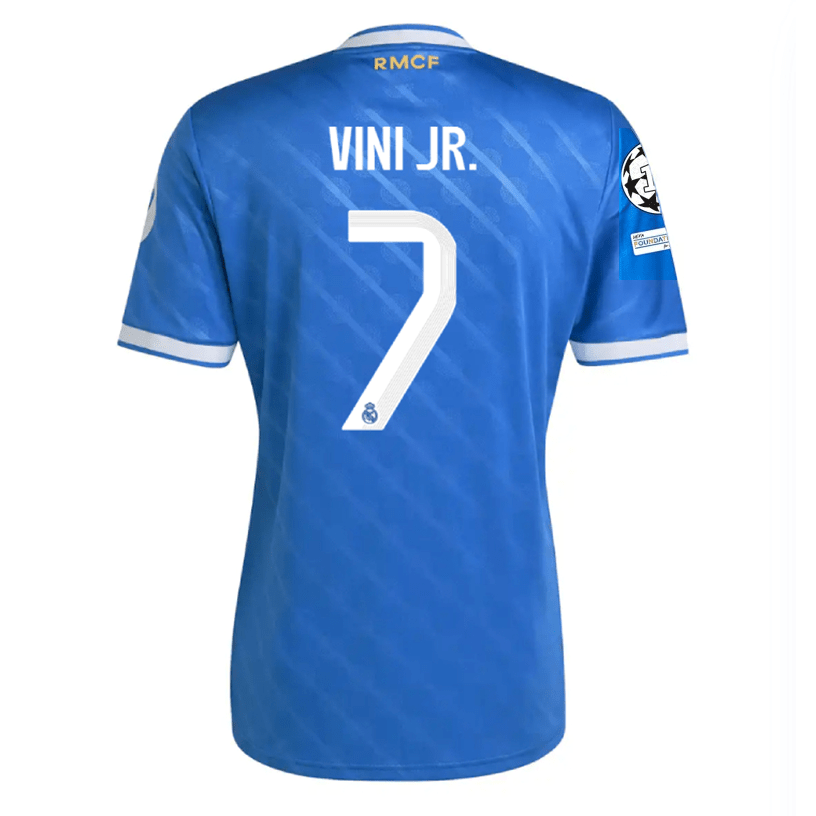 adidas Vini Jr. Men's Real Madrid Third Jersey 25/26 w/ Champions League Patches (Blue/White) | SoccerWearhouse