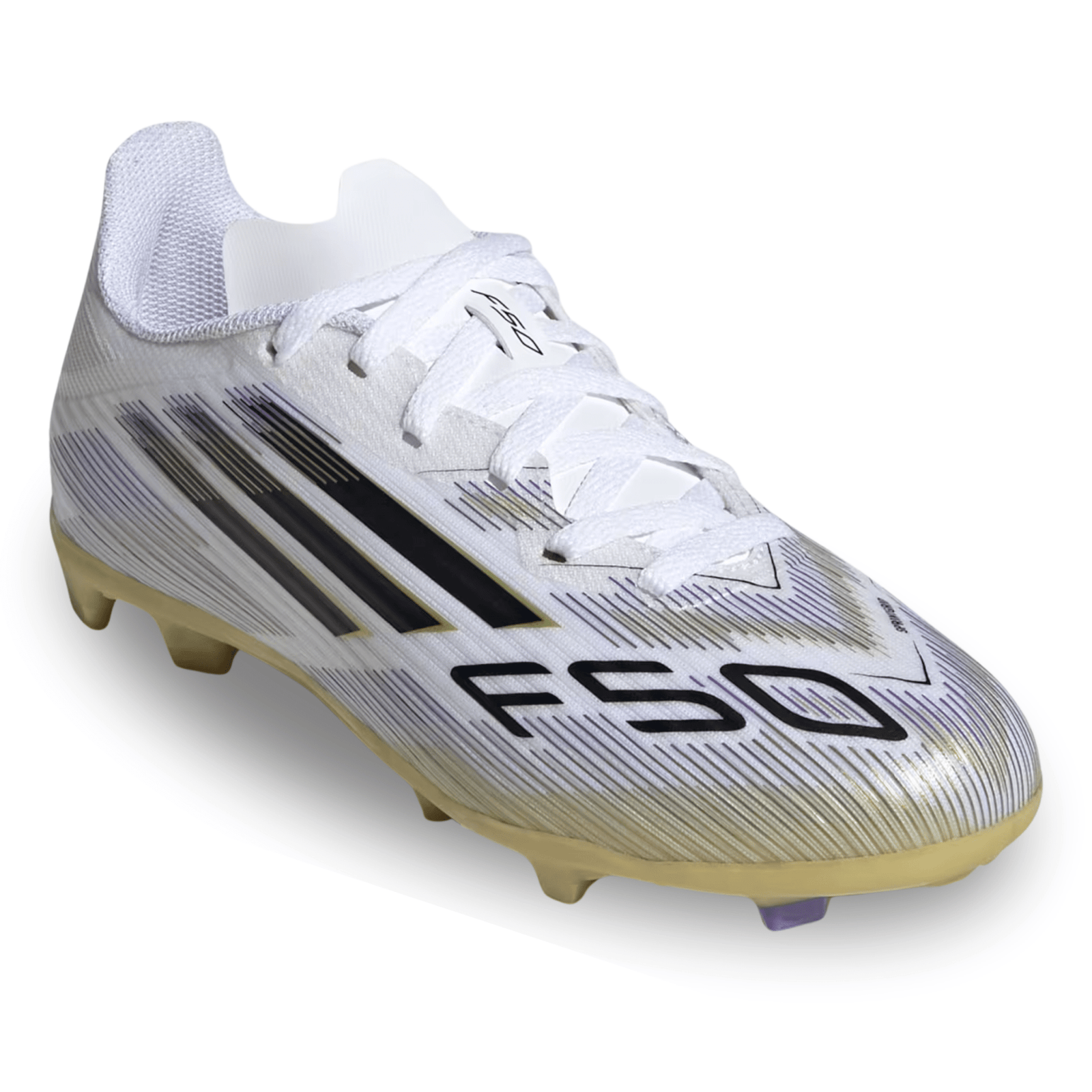 adidas Youth F50 League Firm Ground Multi Ground Jr. Soccer Cleats (White/Black/Gold Metallic) | SoccerWearhouse