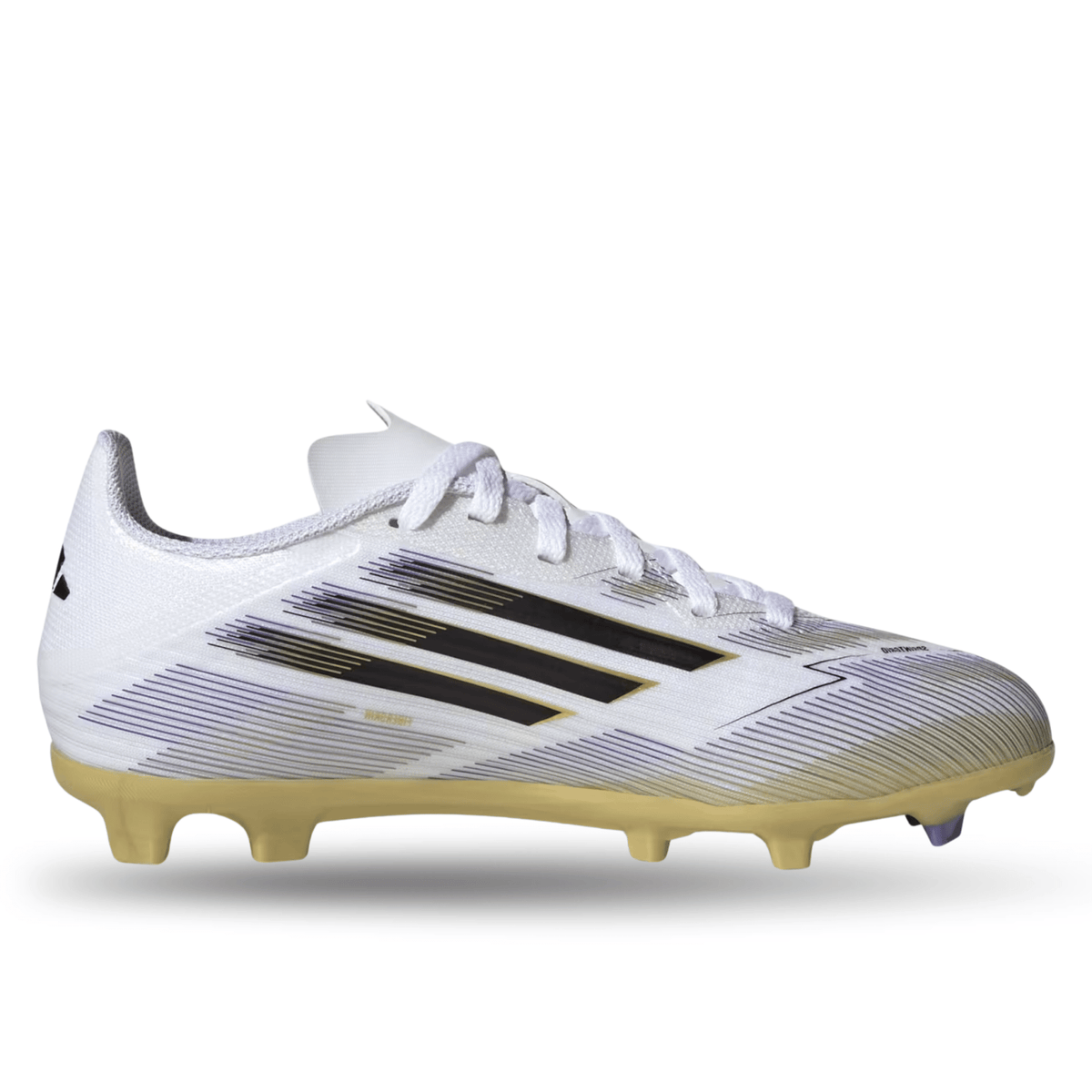 adidas Youth F50 League Firm Ground Multi Ground Jr. Soccer Cleats (White/Black/Gold Metallic) | SoccerWearhouse