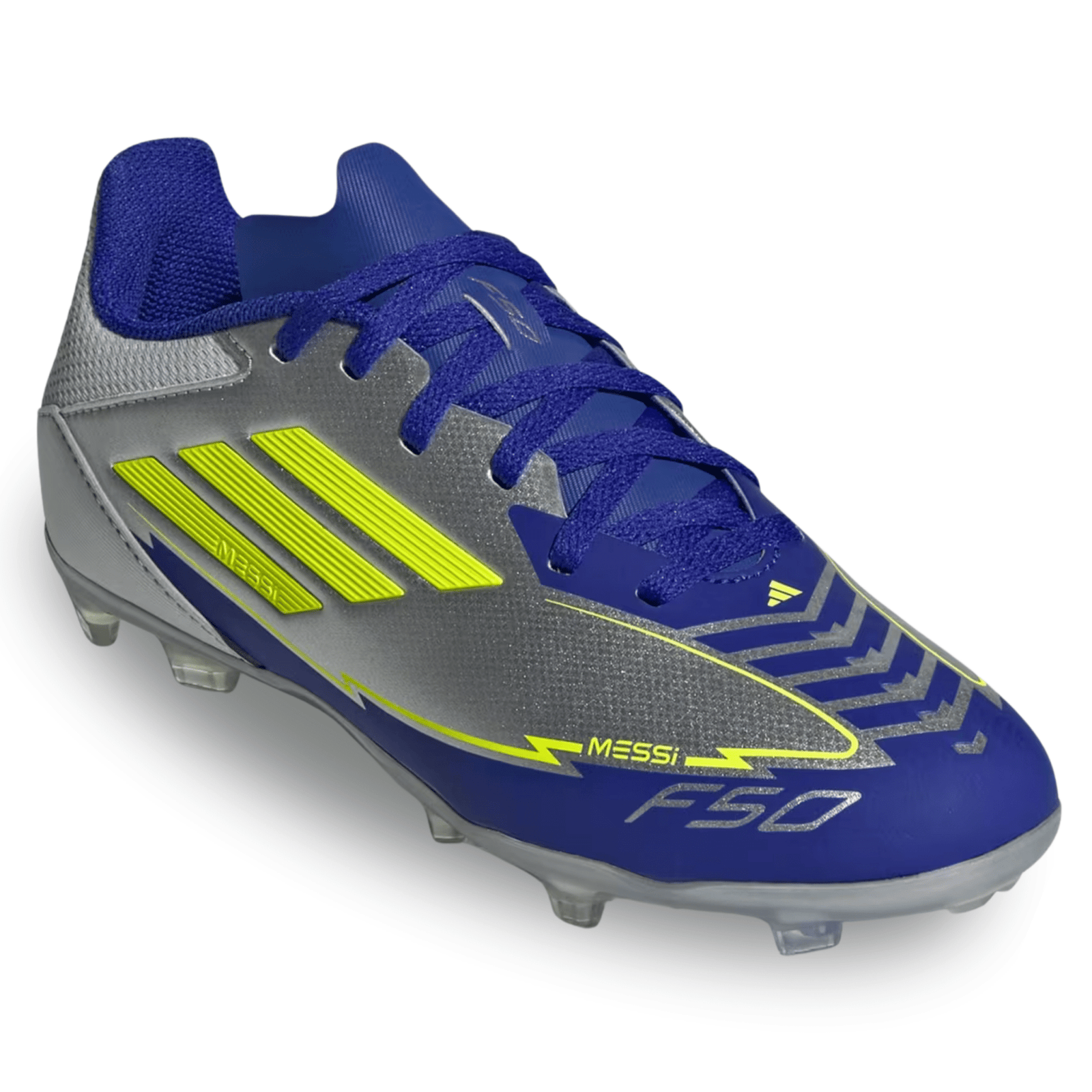adidas Youth Jr. F50 Messi League FG/MG J Socce Cleats (Silver Metallic/Solar Yellow/Lucid Blue) | SoccerWearhouse