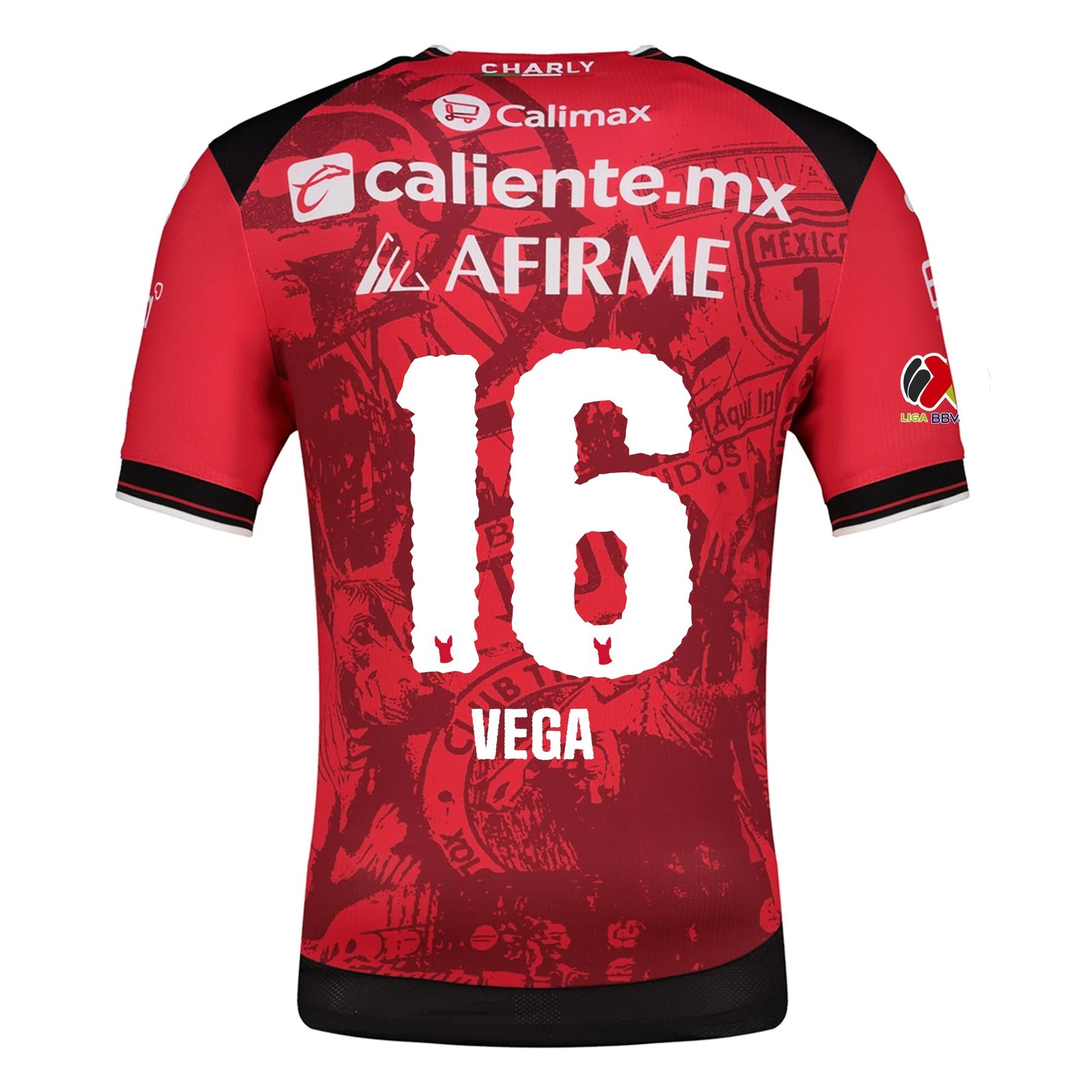 Charly Jesus Vega Men's Club Tijuana Xolos Home Jersey 25/26 w/ BBVA MX Patch (Red/Black) | SoccerWearhouse