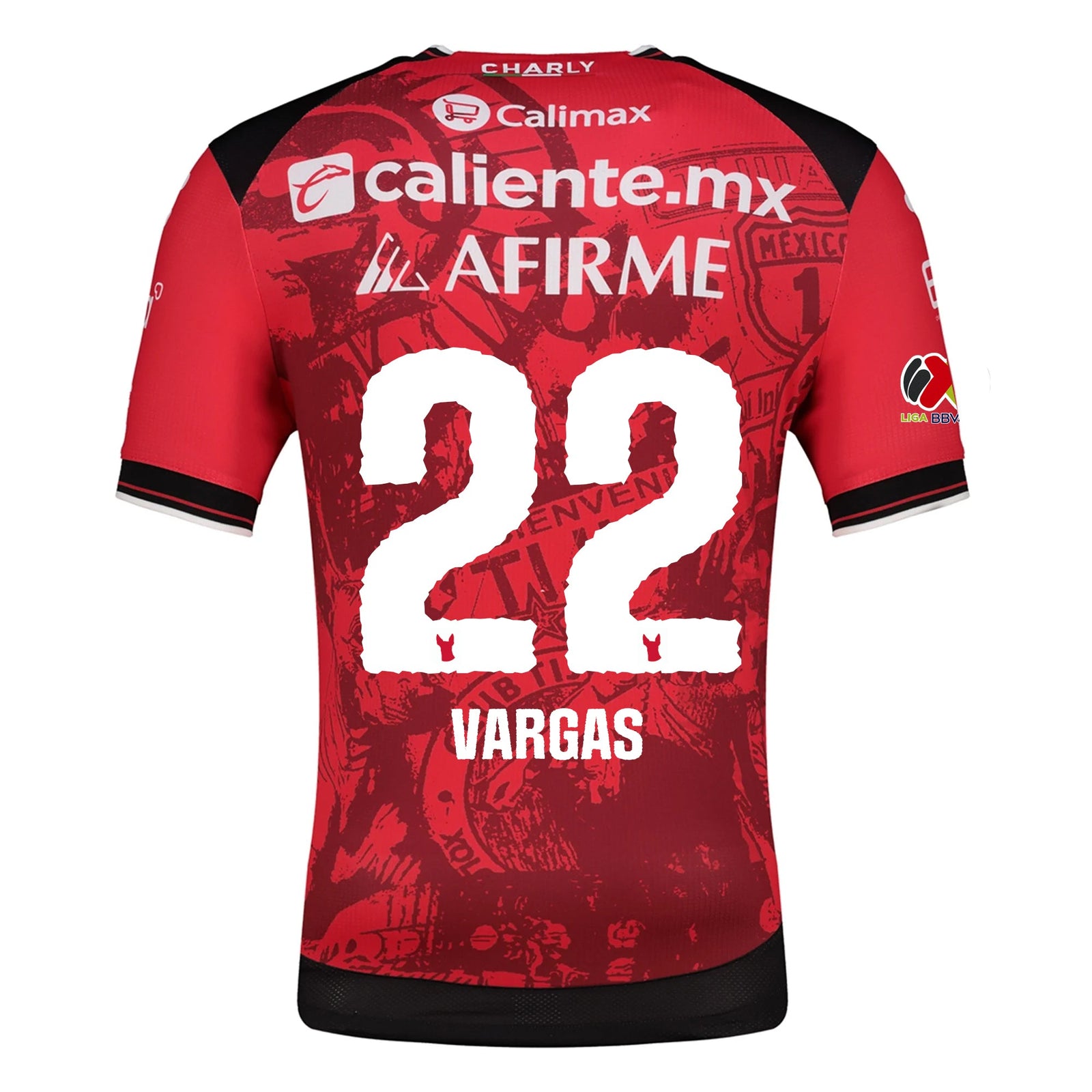 Charly Leonardo Vargas Men's Club Tijuana Xolos Home Jersey 25/26 w/ BBVA MX Patch (Red/Black) | SoccerWearhouse
