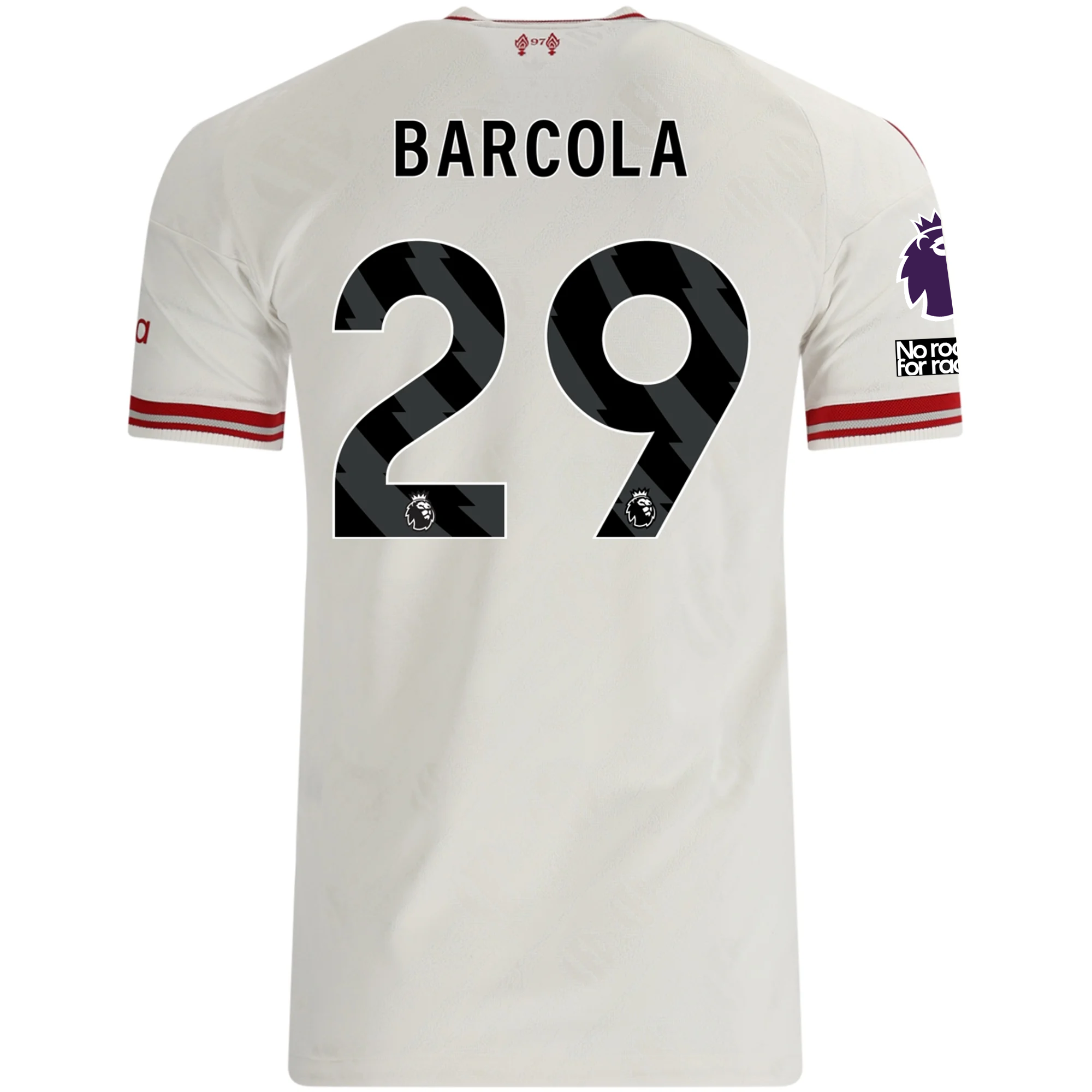 adidas Mens Liverpool Bradley Barcola Authentic Away Jersey w/ EPL + No Room For Racsim Patches 26/27 (White)
