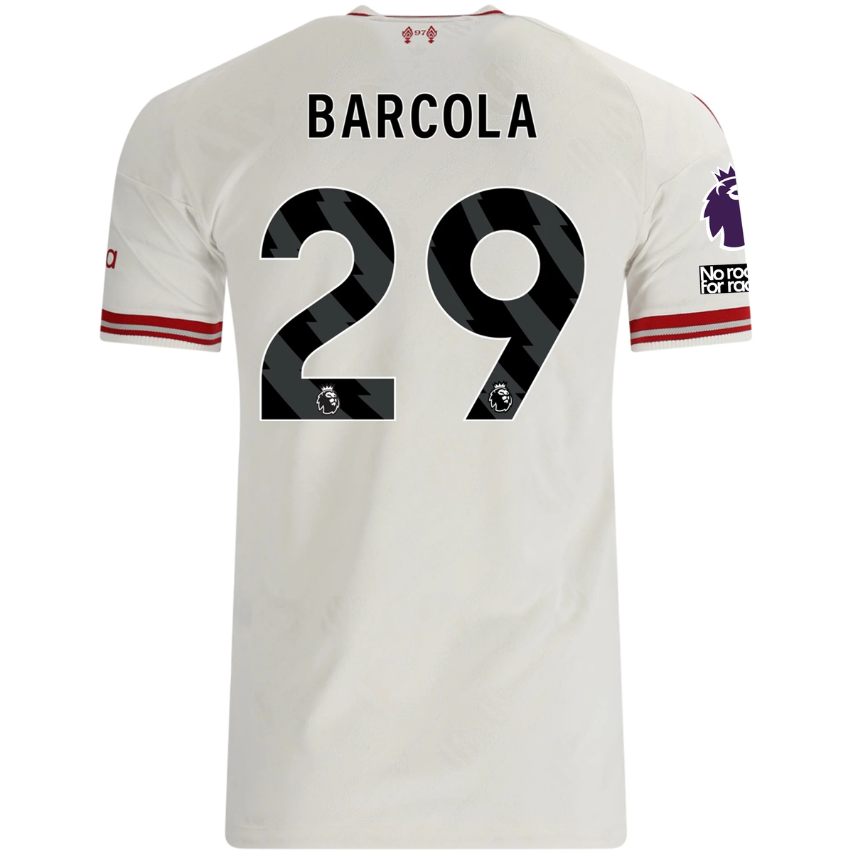 adidas Mens Liverpool Bradley Barcola Authentic Away Jersey w/ EPL + No Room For Racsim Patches 26/27 (White)