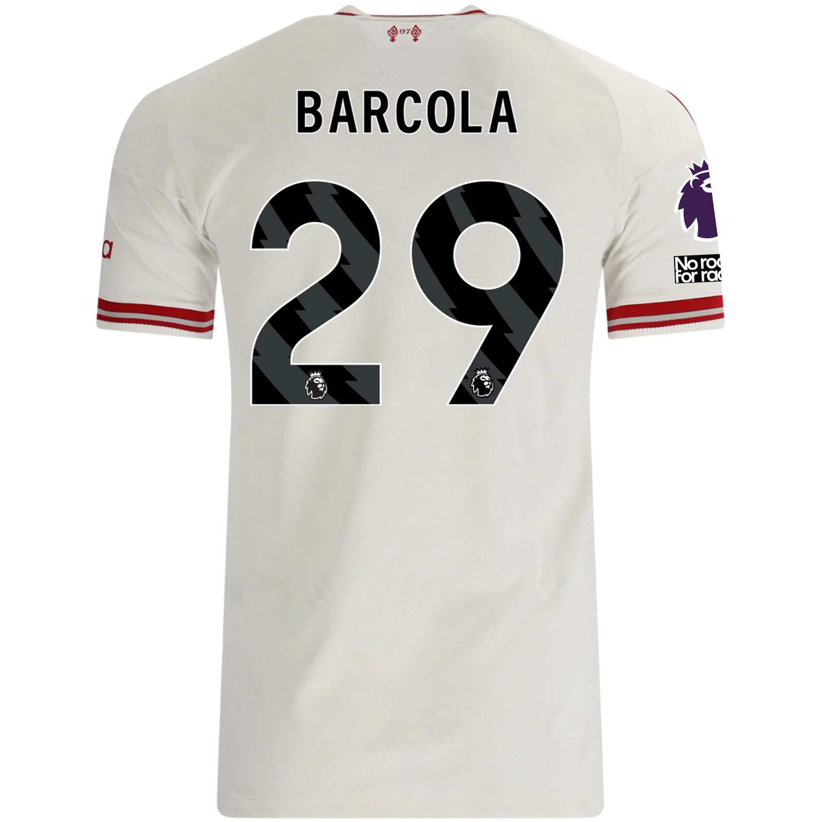 adidas Mens Liverpool Bradley Barcola Authentic Away Jersey w/ EPL + No Room For Racsim Patches 26/27 (White)