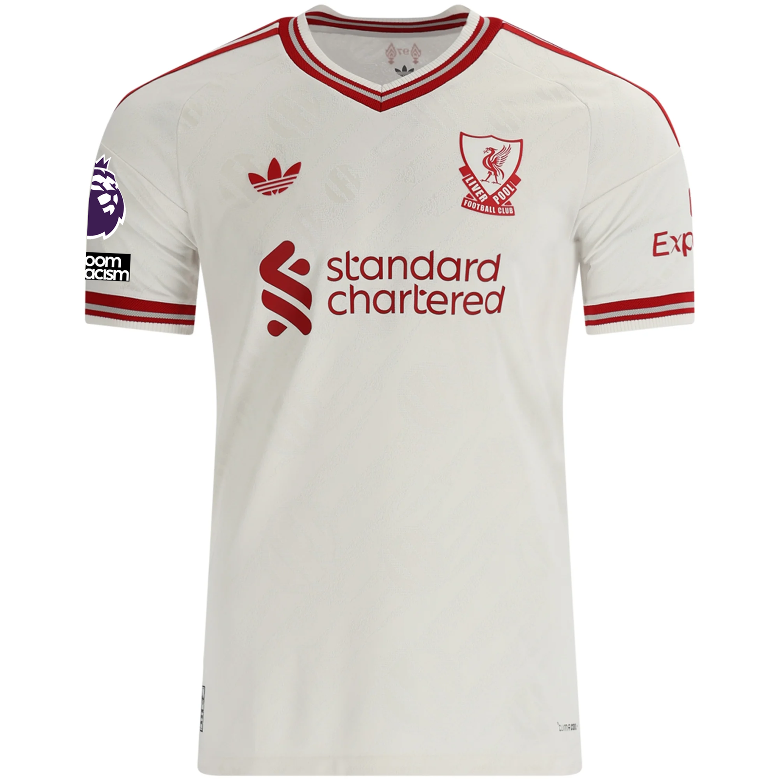 adidas Mens Liverpool Bradley Barcola Authentic Away Jersey w/ EPL + No Room For Racsim Patches 26/27 (White)