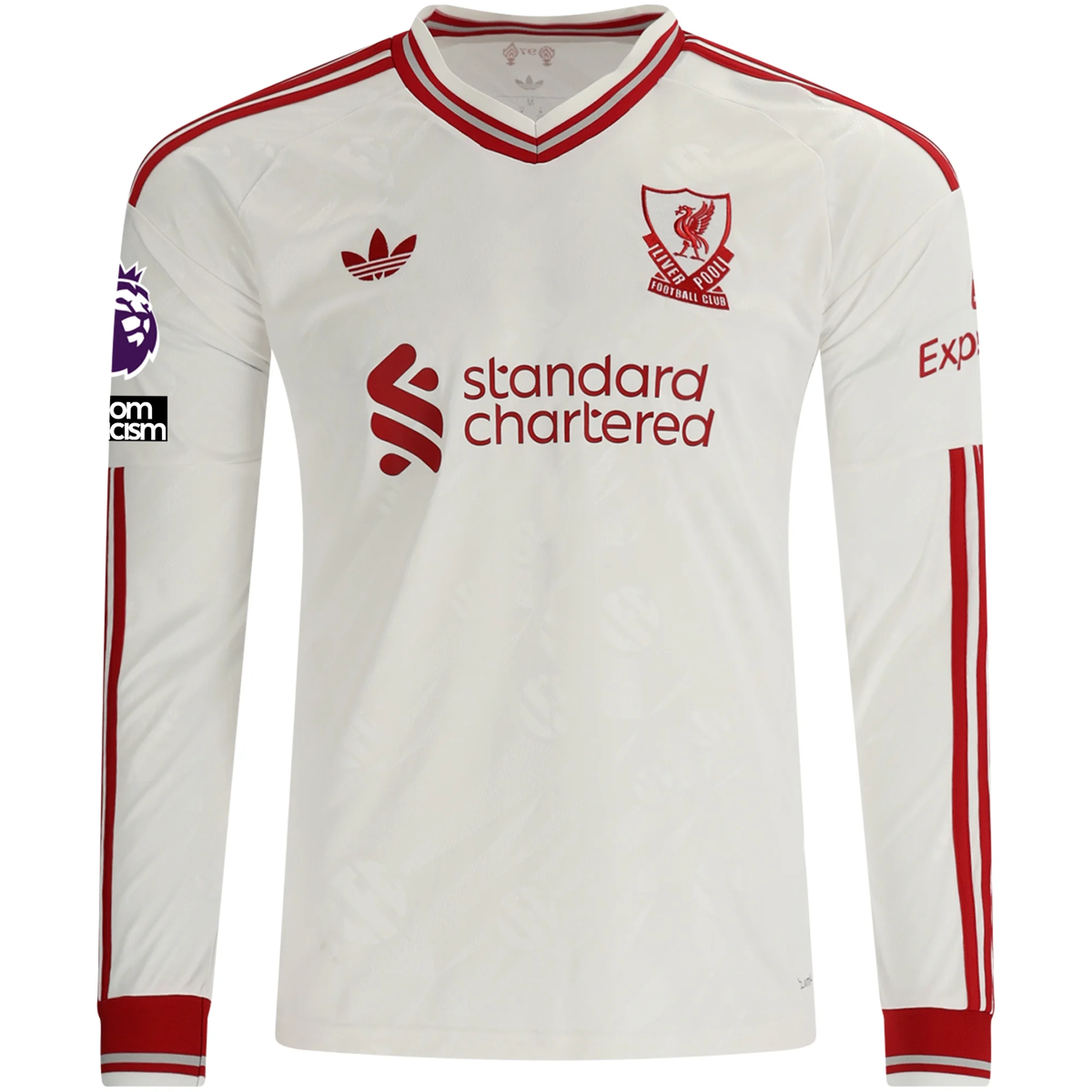 adidas Mens Liverpool Long Sleeve Away Jersey w/ EPL + No Room For Racism Patches 26/27 (White/Red)