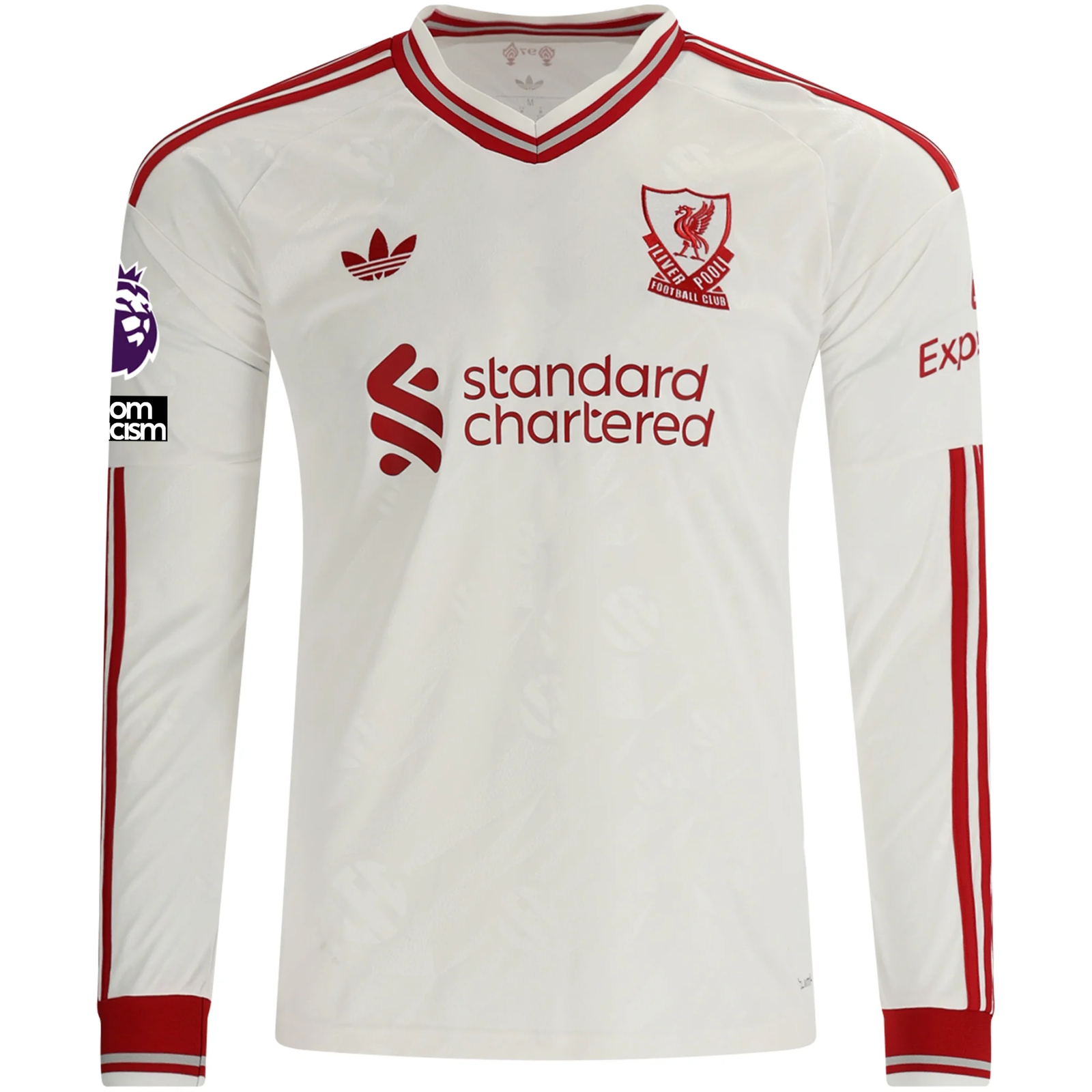 adidas Mens Liverpool Long Sleeve Away Jersey w/ EPL + No Room For Racism Patches 26/27 (White/Red)