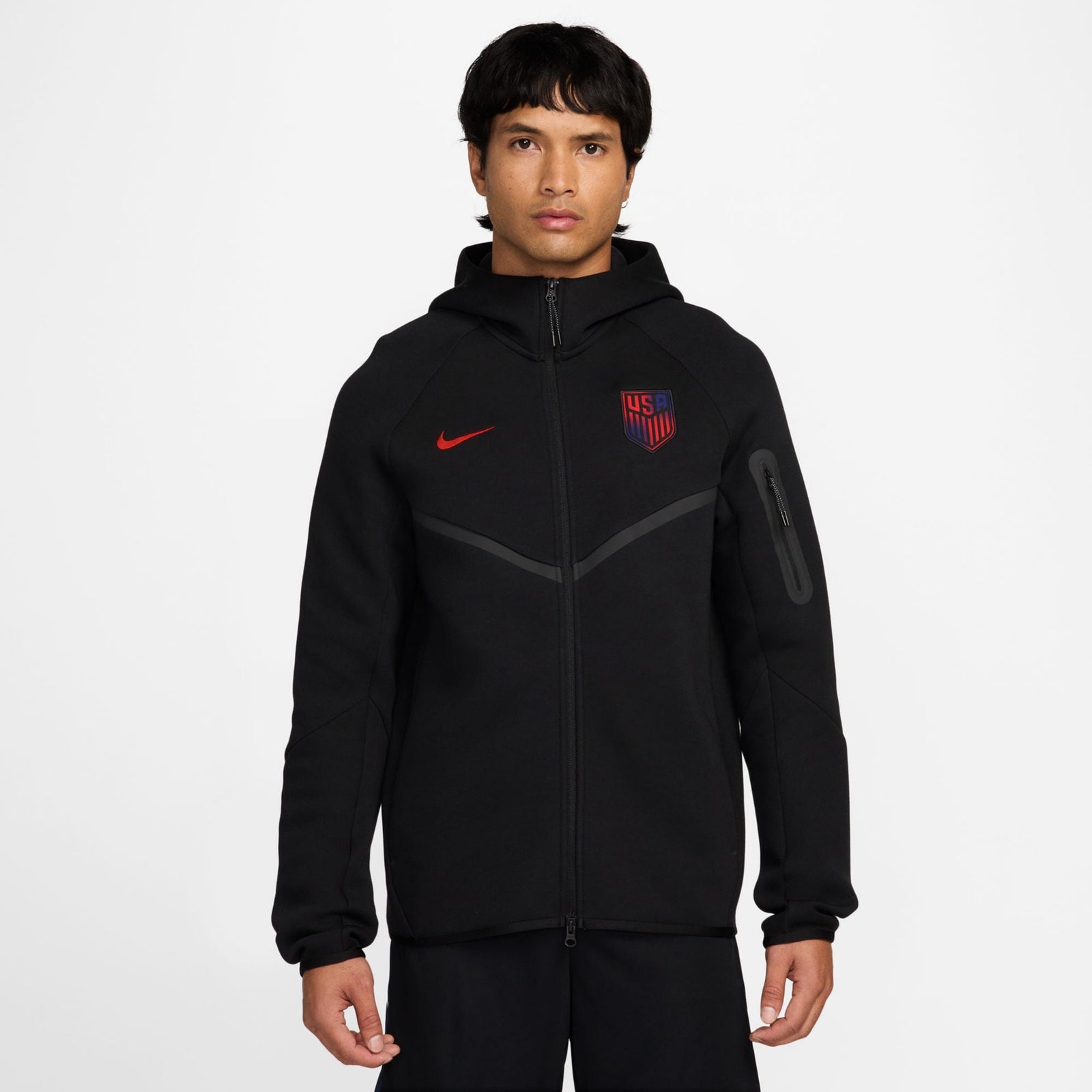 Nike Adult USMNT United States 2026 Tech Fleece Full Zip Hoodie (Black/Red) | SoccerWearhouse