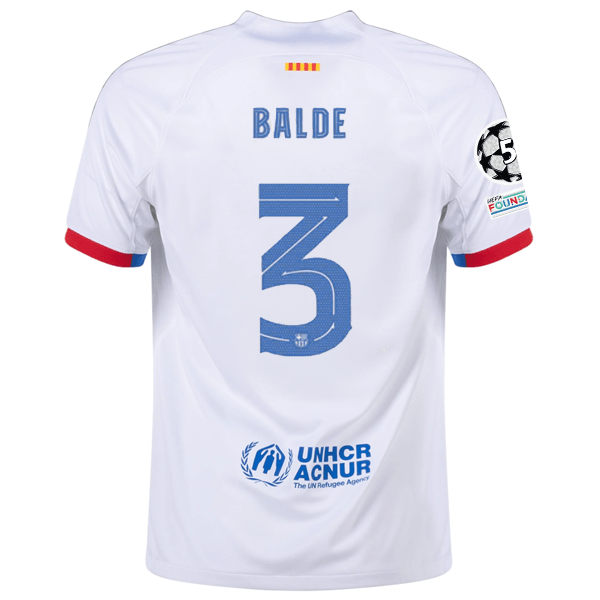Nike Barcelona Alejandro Balde Away Jersey w/ Champions League Patches 23/24 (White/Royal Blue) | SoccerWearhouse