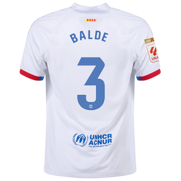 Nike Barcelona Alejandro Balde Away Jersey w/ La Liga Champions Patches 23/24 (White/Royal Blue) | SoccerWearhouse
