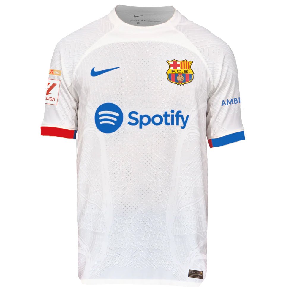Nike Barcelona Christensen Authentic Match Away Jersey 23/24 w/ LaLiga Patches (White/Royal Blue) | SoccerWearhouse