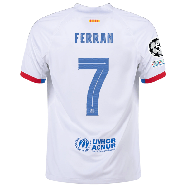 Nike Barcelona Ferran Torres Away Jersey w/ Champions League Patches 23/24 (White/Royal Blue) | SoccerWearhouse
