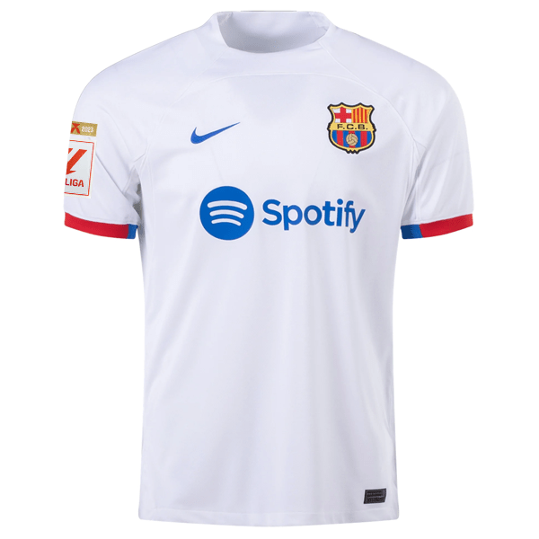 Nike Barcelona Ferran Torres Away Jersey w/ La Liga Champions Patches 23/24 (White/Royal Blue) | SoccerWearhouse