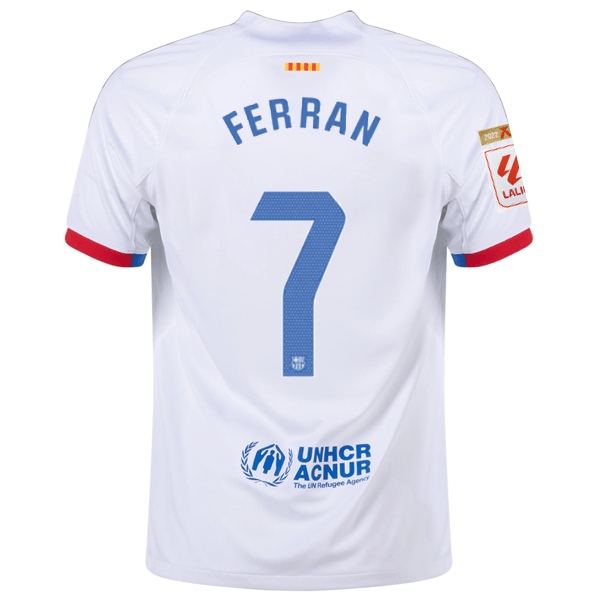 Nike Barcelona Ferran Torres Away Jersey w/ La Liga Champions Patches 23/24 (White/Royal Blue) | SoccerWearhouse
