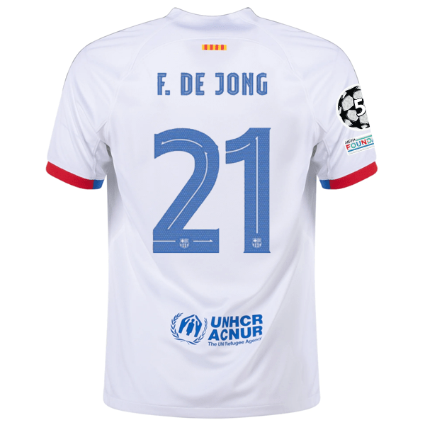 Nike Barcelona Frenkie de Jong Away Jersey w/ Champions League Patches 23/24 (White/Royal Blue) | SoccerWearhouse