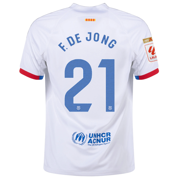 Nike Barcelona Frenkie de Jong Away Jersey w/ La Liga Champions Patches 23/24 (White/Royal Blue) | SoccerWearhouse