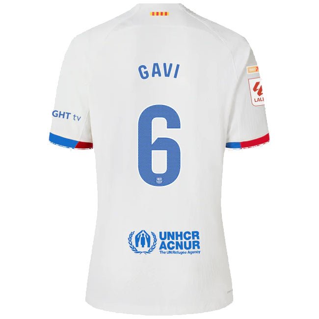 Nike Barcelona Gavi Authentic Match Away Jersey 23/24 w/ LaLiga Patches (White/Royal Blue) | SoccerWearhouse