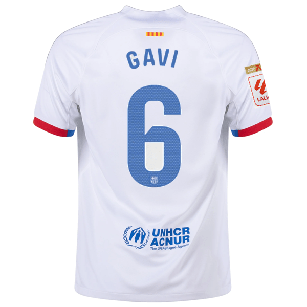 Nike Barcelona Gavi Away Jersey w/ La Liga Champions Patches 23/24 (White/Royal Blue) | SoccerWearhouse