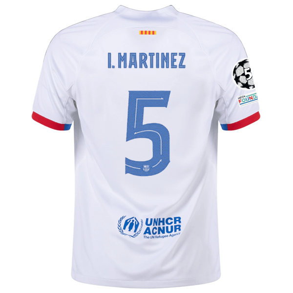 Nike Barcelona Iñigo Martinez Away Jersey w/ Champions League Patches 23/24 (White/Royal Blue) | SoccerWearhouse