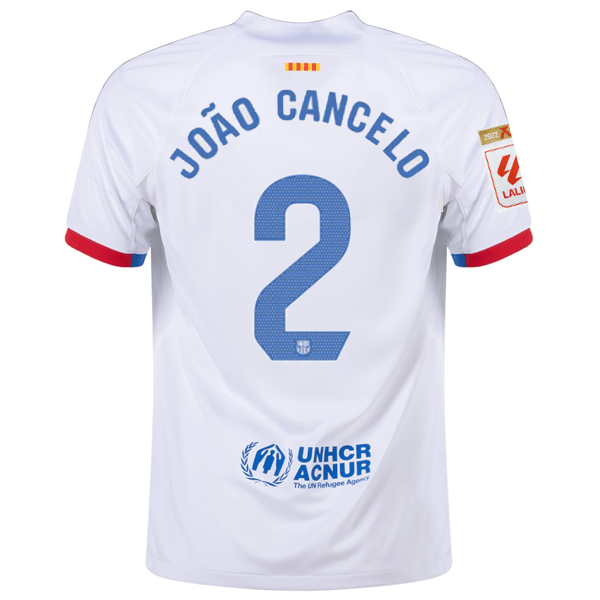 Nike Barcelona João Cancelo Away Jersey w/ La Liga Champions Patches 23/24 (White/Royal Blue) | SoccerWearhouse