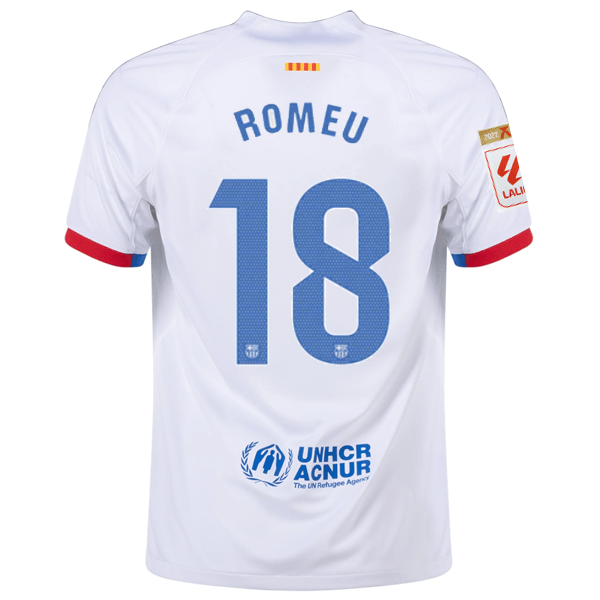 Nike Barcelona Oriol Romeu Away Jersey w/ La Liga Champions Patches 23/24 (White/Royal Blue) | SoccerWearhouse