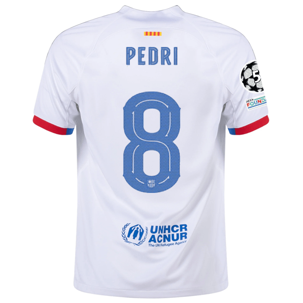Nike Barcelona Pedri Away Jersey w/ Champions League Patches 23/24 (White/Royal Blue) | SoccerWearhouse