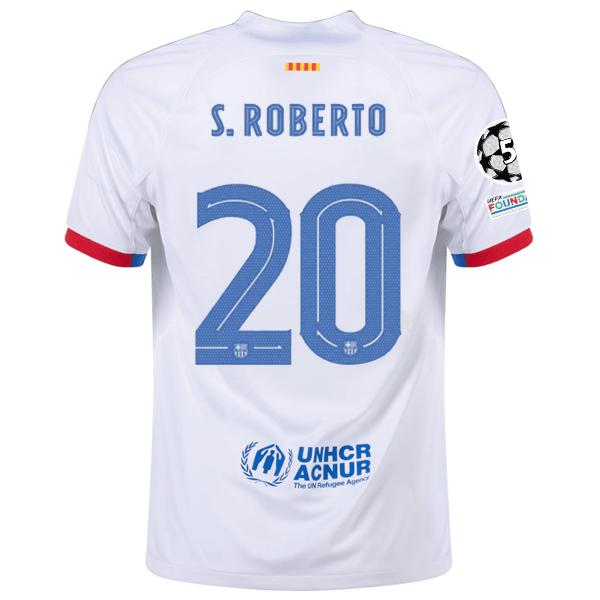 Nike Barcelona Sergi Roberto Away Jersey w/ Champions League Patches 23/24 (White/Royal Blue) | SoccerWearhouse