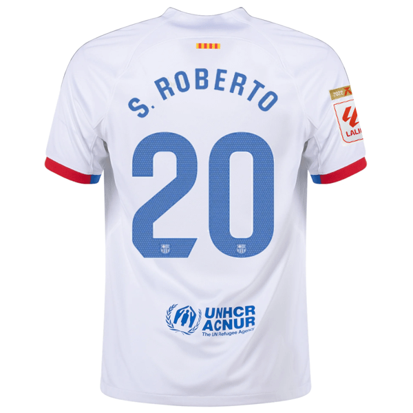 Nike Barcelona Sergi Roberto Away Jersey w/ La Liga Champions Patches 23/24 (White/Royal Blue) | SoccerWearhouse
