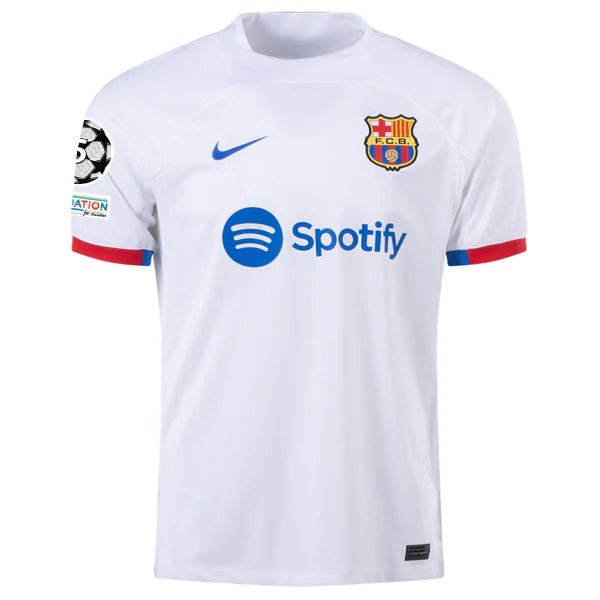 Nike Barcelona Vaporknit Match Away Jersey w/ Champions League Patches 23/24 (White/Royal Blue) | SoccerWearhouse