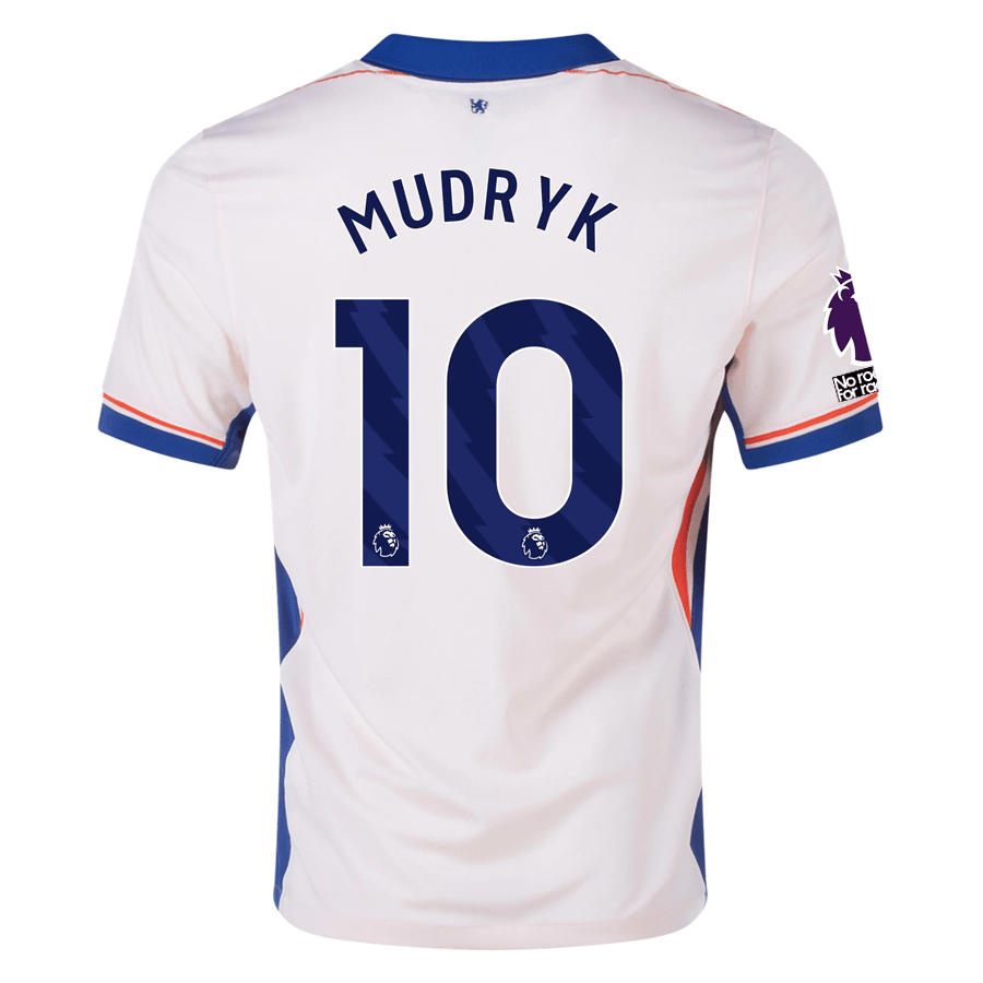 Nike Chelsea Mykhailo Mudryk Away Jersey w/ EPL + No Room For Racism Patches 24/25 (Guava Ice/Rush Blue) | SoccerWearhouse