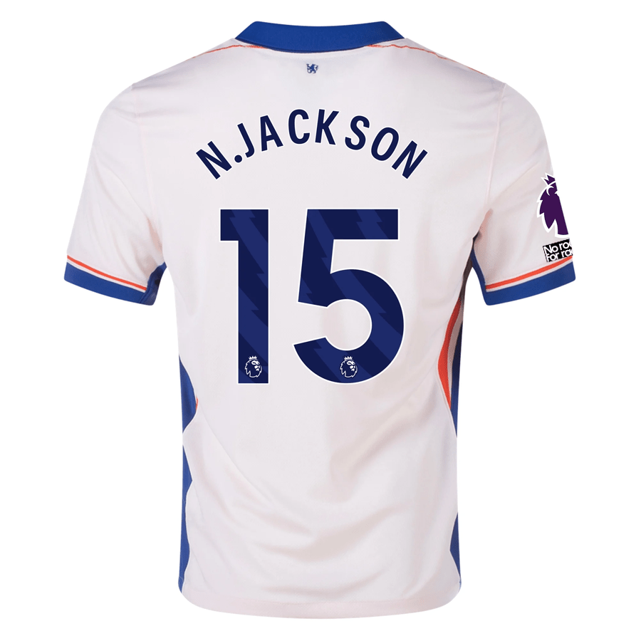 Nike Chelsea Nicolas Jackson Away Jersey w/ EPL + No Room For Racism Patches 24/25 (Guava Ice/Rush Blue) | SoccerWearhouse