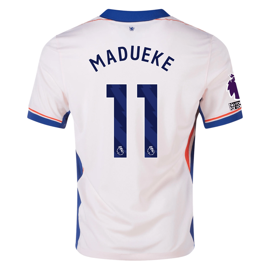 Nike Chelsea Noni Madueke Away Jersey w/ EPL + No Room For Racism Patches 24/25 (Guava Ice/Rush Blue) | SoccerWearhouse