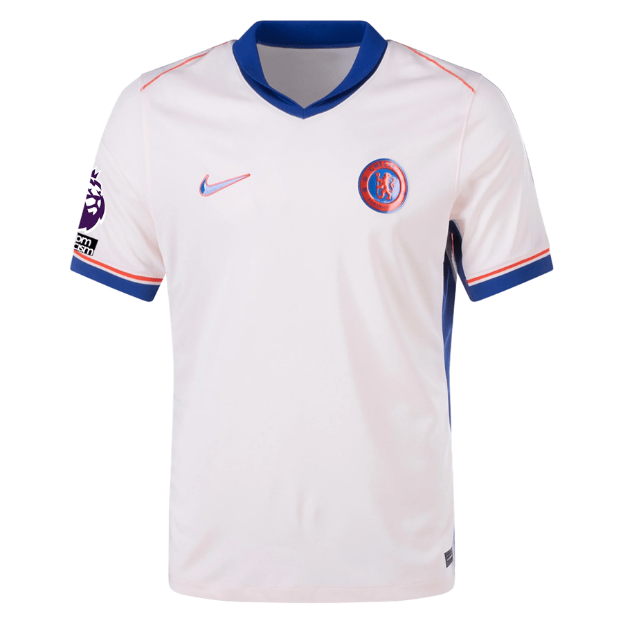 Nike Chelsea Raheem Sterling Away Jersey w/ EPL + No Room For Racism Patches 24/25 (Guava Ice/Rush Blue) | SoccerWearhouse