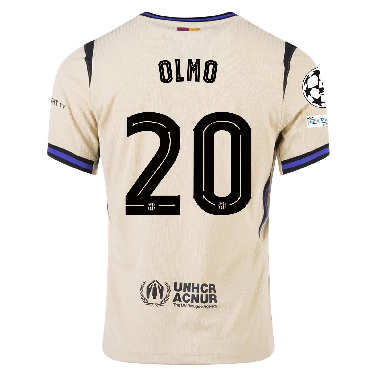Nike Dani Olmo Men's FC Barcelona Authentic Away Jersey w/ Champions League Patches (Team Gold/Persian Violet/Black) | SoccerWearhouse