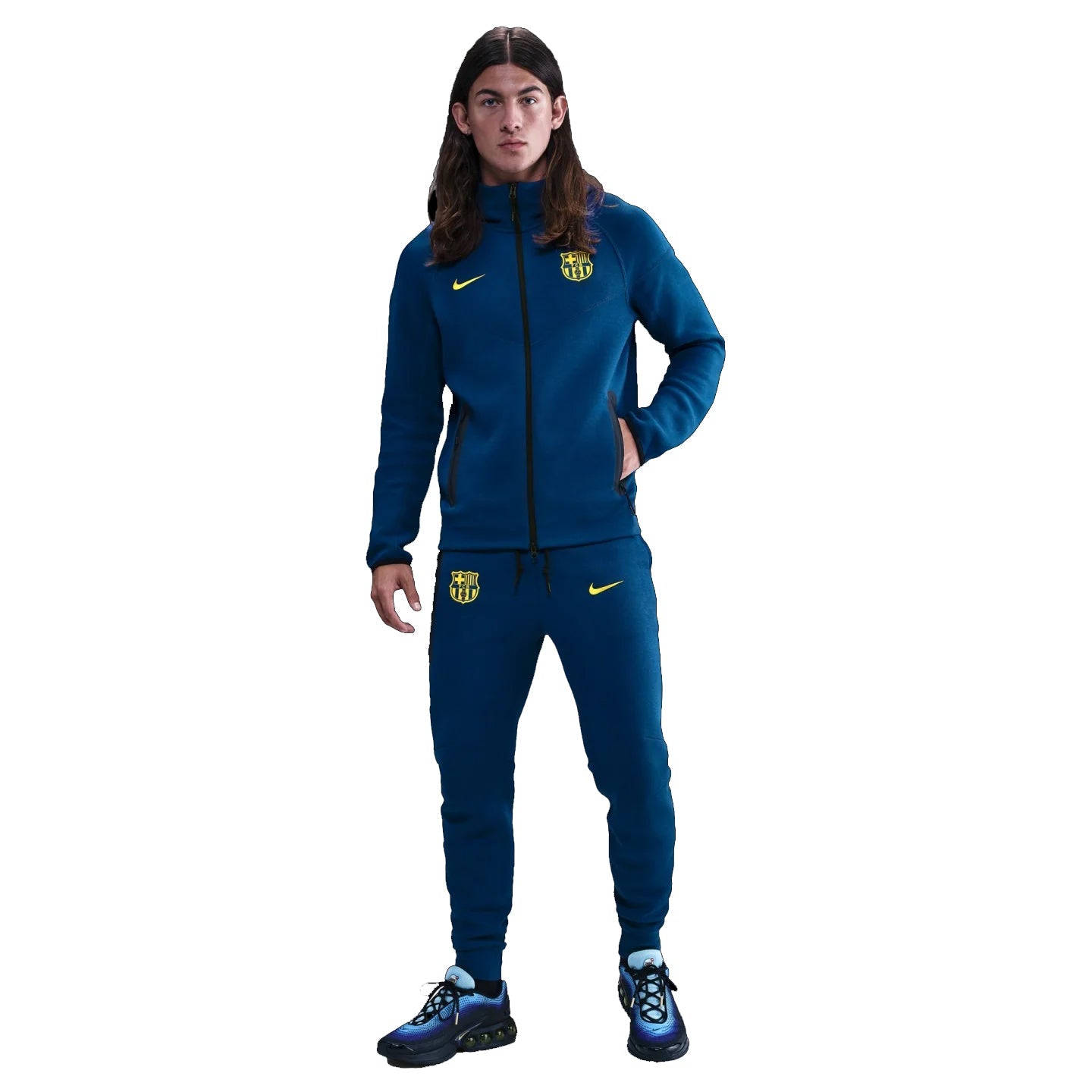 Nike FC Barcelona 25/26 Tech Fleece Special Edition Full Zip Hoodie (Gym Blue/Opti Yellow) | SoccerWearhouse